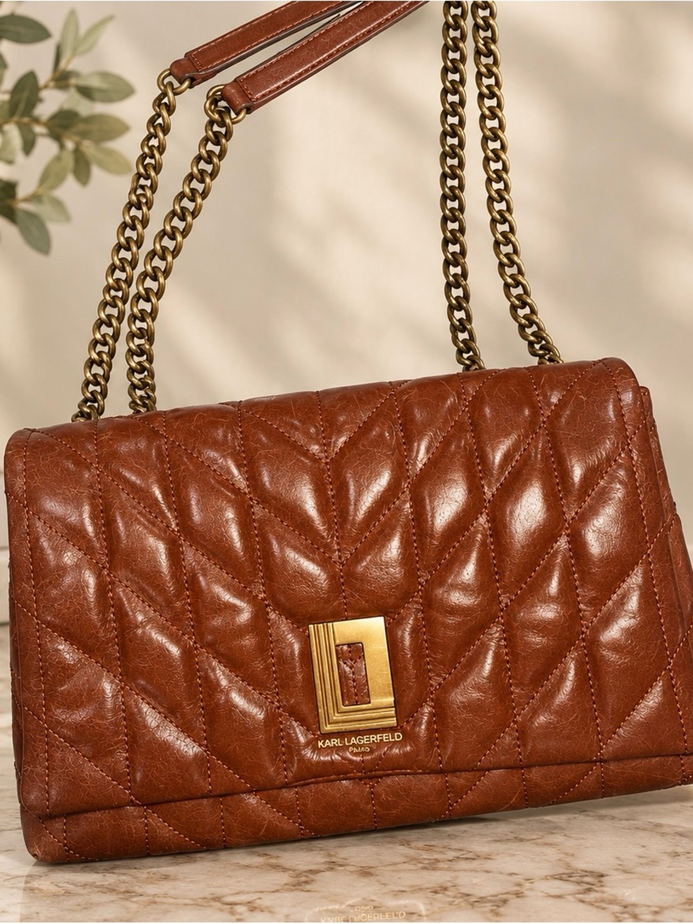 Karl Lagerfeld Quilted Brown Leather Shoulder Bag